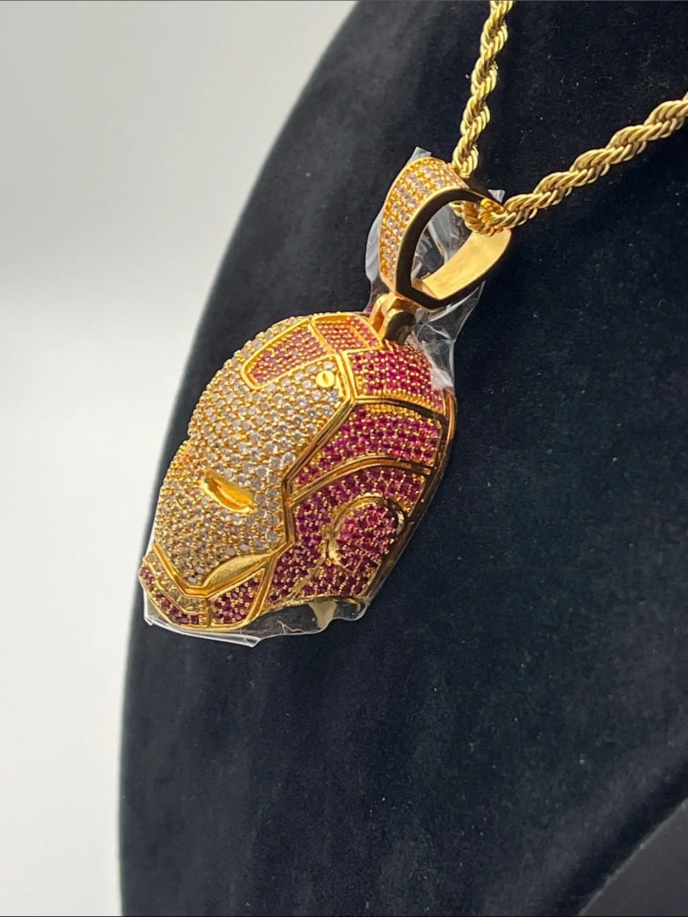 24”, Gold Iron Mask Pendant Necklace - Men's Gold Tone Statement Jewelry